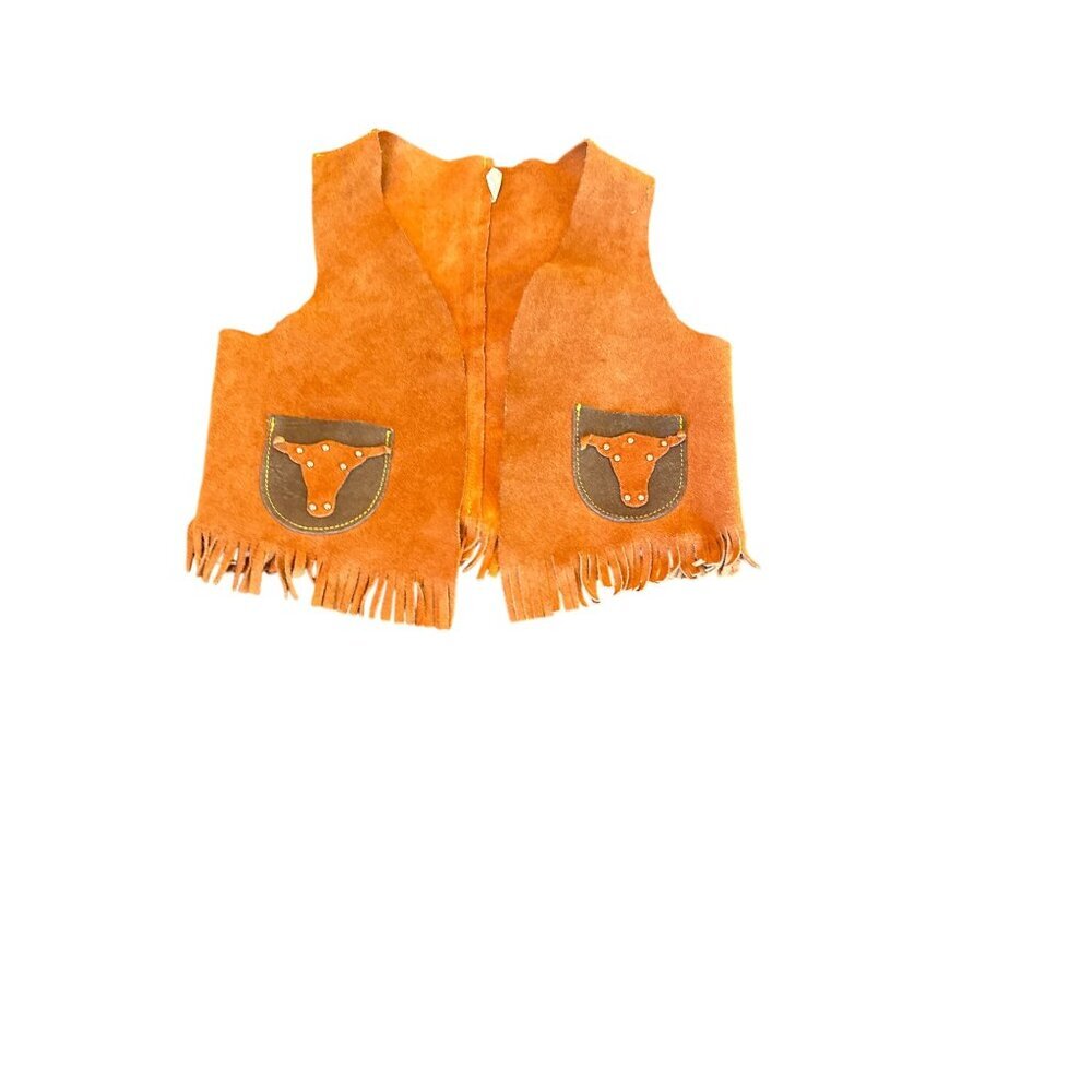 Kids‎ Faux Suede Fringe Vest Longhorn Pocket Details Western Size M Orange-Brown